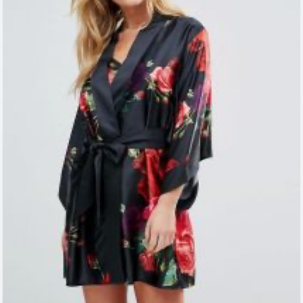 Ted Baker Black Floral Satin Kimono Robe with Red Roses